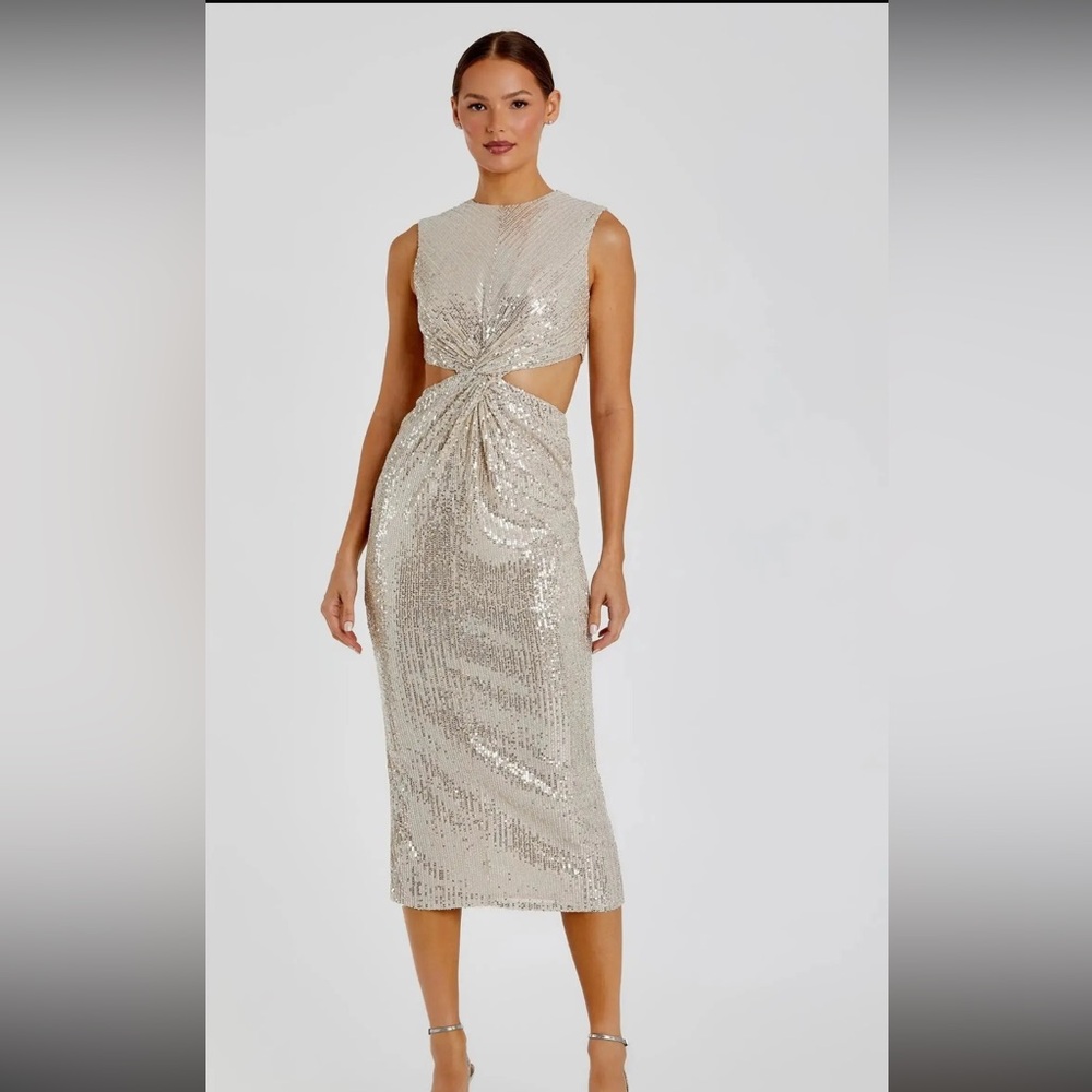 Mac Duggal Silver Sequin Cutout Midi Dress